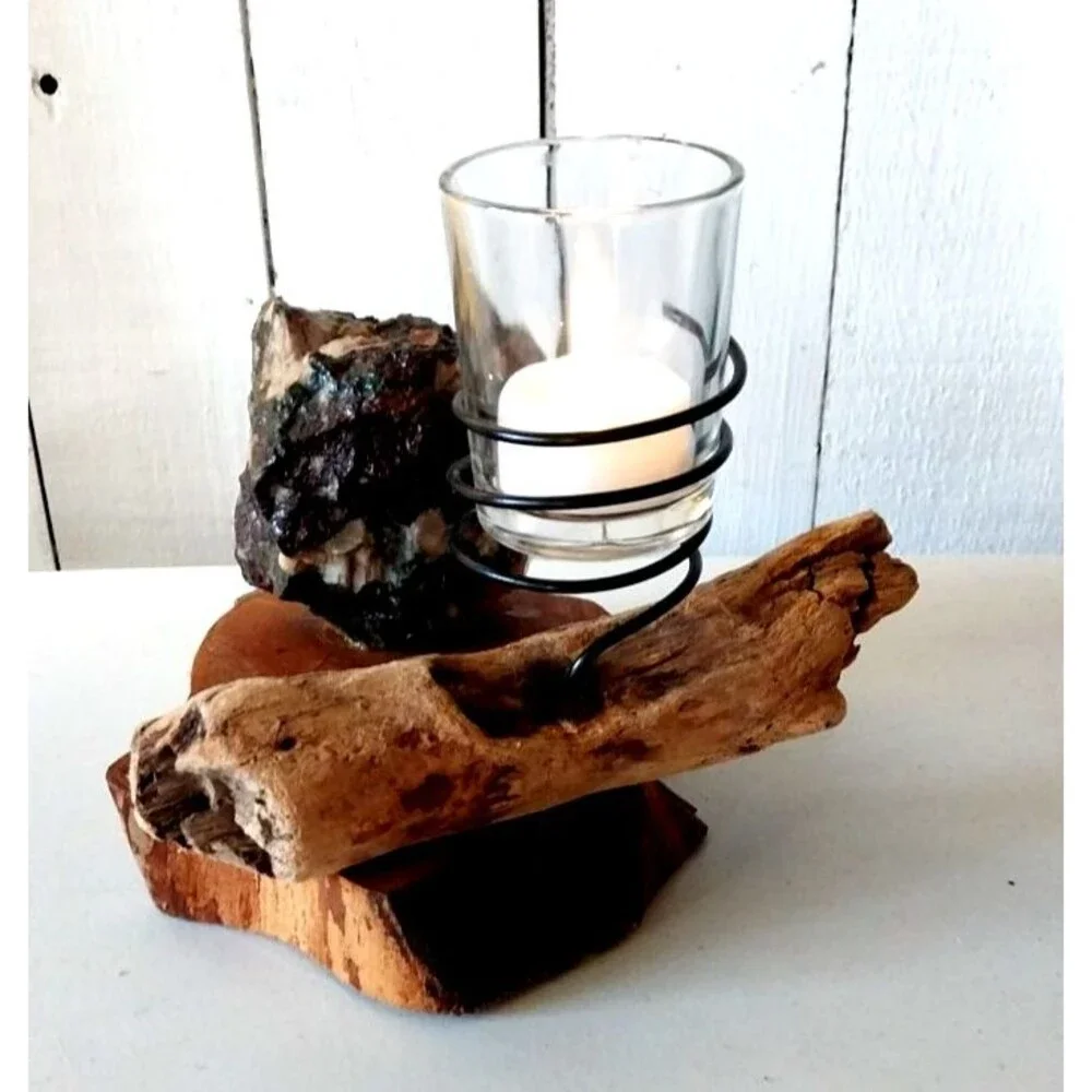 Rustic Driftwood Organic Rock Candle Holder Handmade